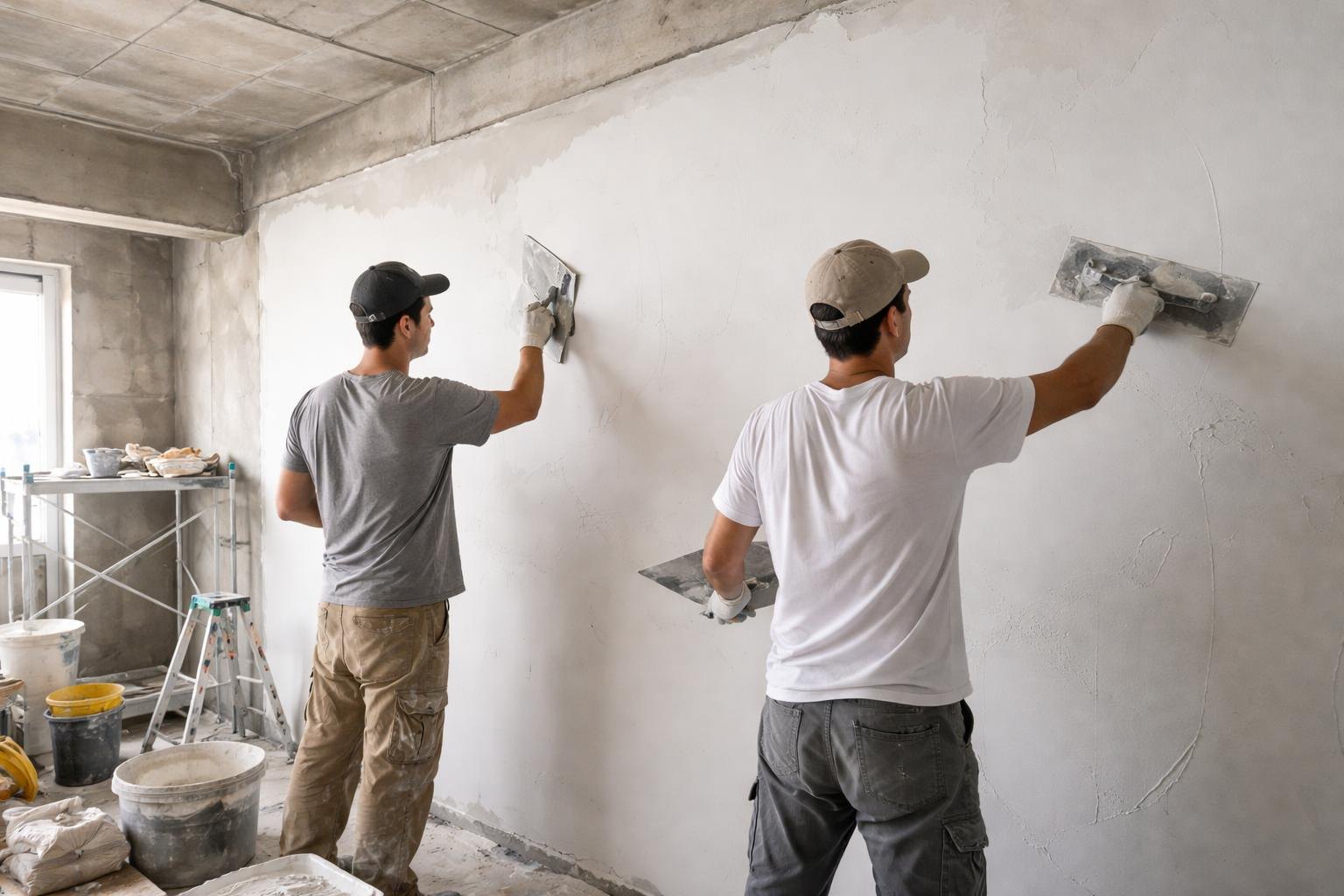 示意圖：室內牆面泥作施工中，施工人員正使用泥刀平滑牆面。