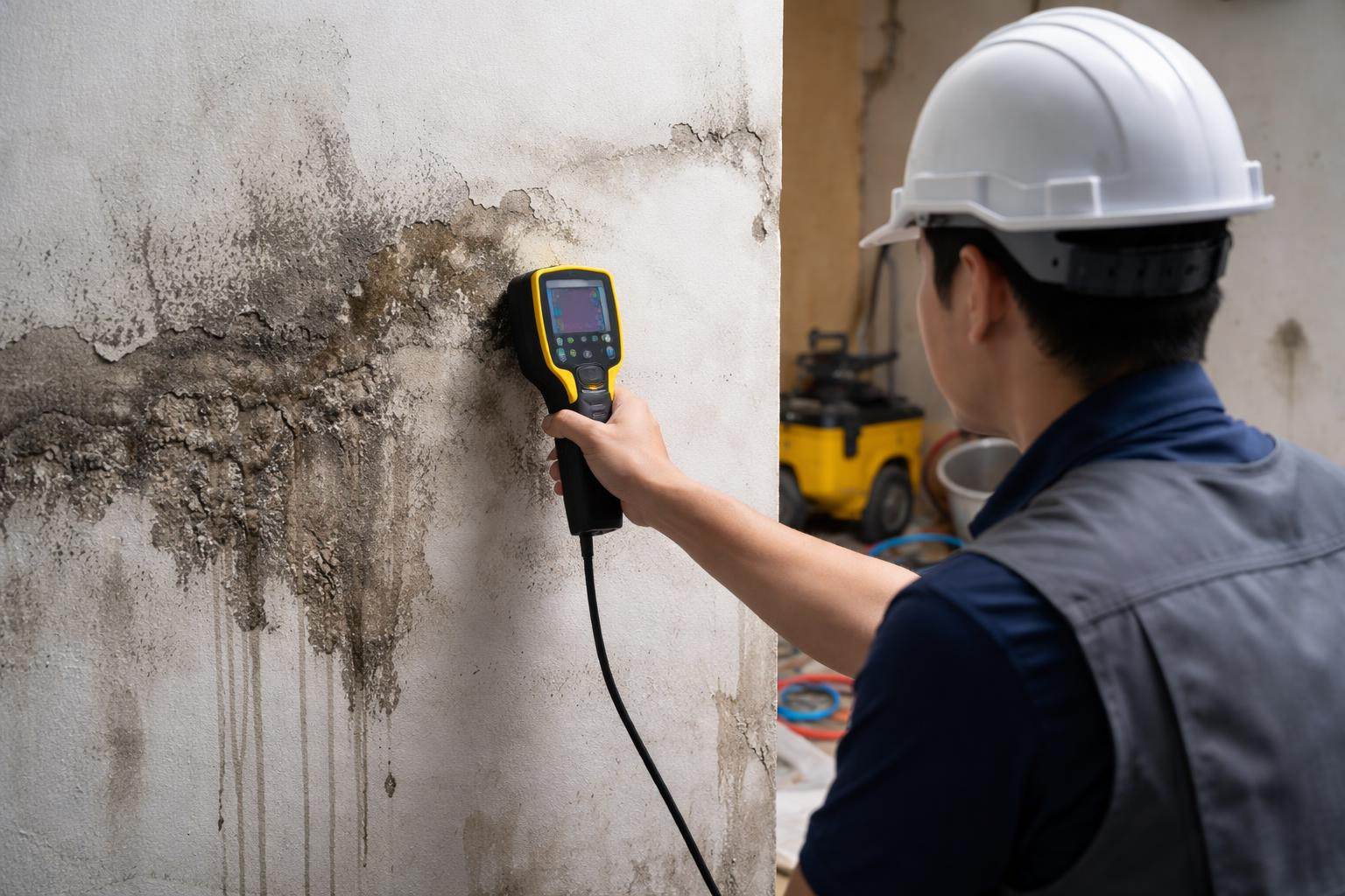 示意圖,展示房屋牆面防水抓漏施工場景和專業檢測過程。