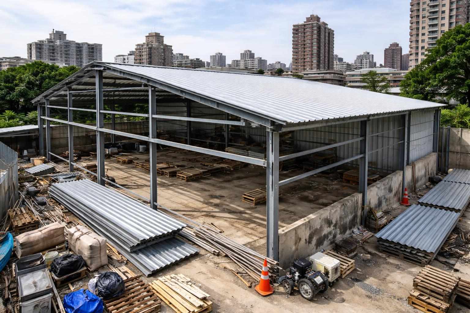 鐵棟鐵皮增建工程建築工地示意圖,展示鋼架結構與鐵皮覆蓋情況。