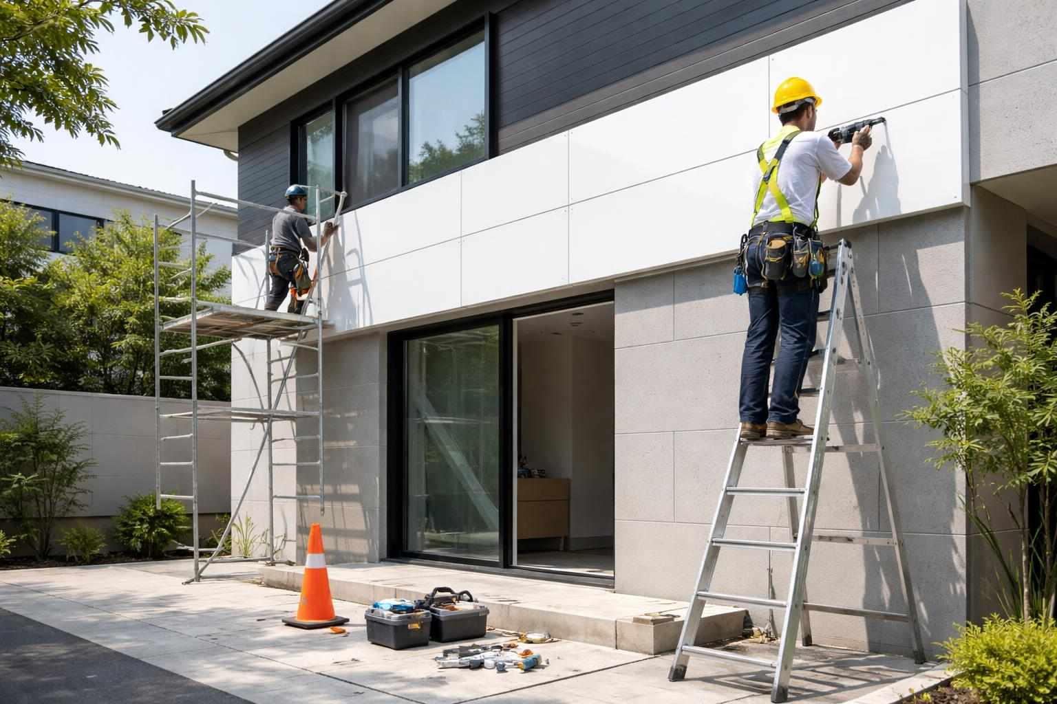 示意圖顯示住宅正在進行烤漆板翻新工程的施工場景,展現專業施工氛圍。