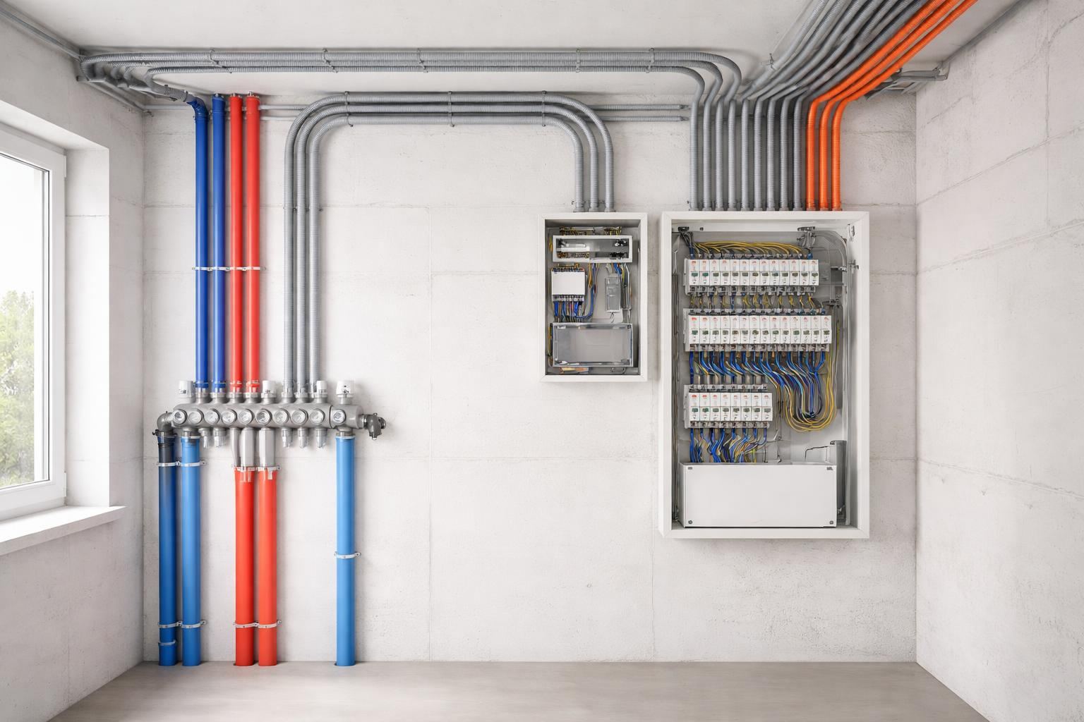 示意圖顯示室內水電整體配置工程的管線佈局與配電箱安裝情況。
